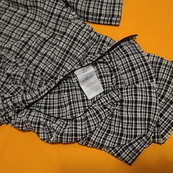 Nwt! Ganni stretch seersucker v-neck ruchedtop ghingham mini check black - Picture 8 of 9